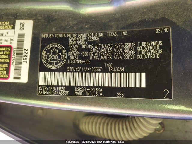 2010 Toyota Tundra მანქანა იყიდება აუქციონზე, vin: 5TFUY5F11AX135567, აუქციონის ნომერი: 12610665