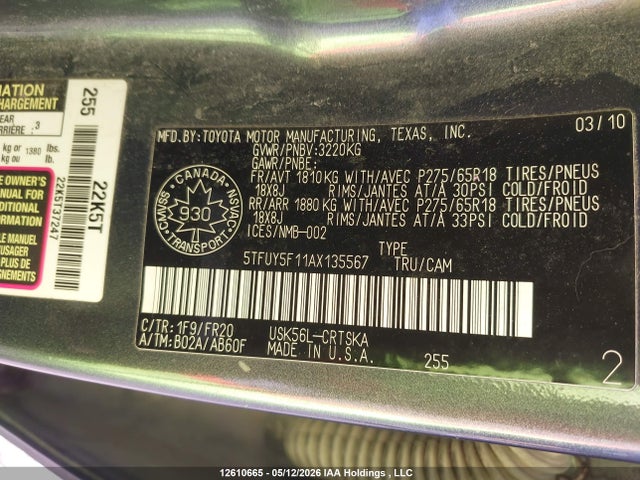 2010 Toyota Tundra მანქანა იყიდება აუქციონზე, vin: 5TFUY5F11AX135567, აუქციონის ნომერი: 12610665