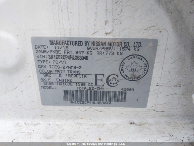 Продаж на аукціоні авто 2017 Nissan Versa, vin: 3N1CE2CP4HL353040, номер лоту: 12610671