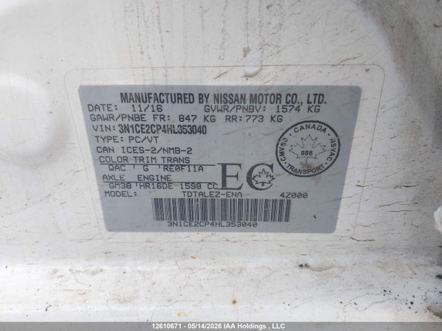 Продаж на аукціоні авто 2017 Nissan Versa, vin: 3N1CE2CP4HL353040, номер лоту: 12610671