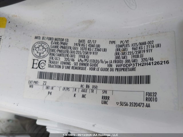12610673 :رقم المزاد ، WF0DP3TH2H4126216 vin ، 2017 Ford Focus Rs مزاد بيع