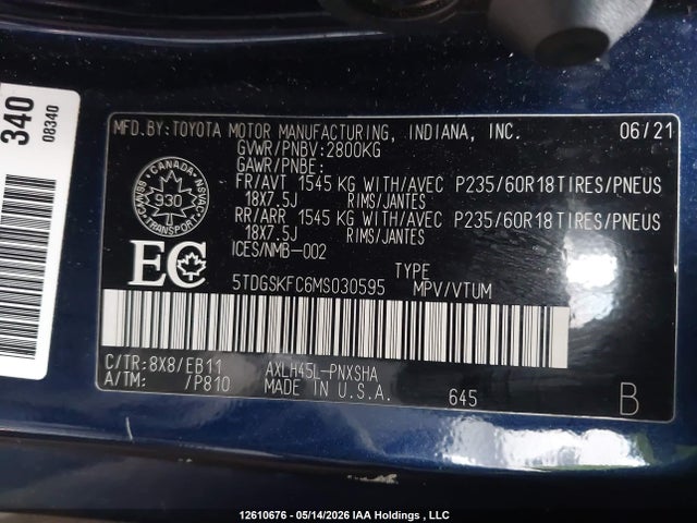 5TDGSKFC6MS030595 Toyota Sienna Xse 7-passenger