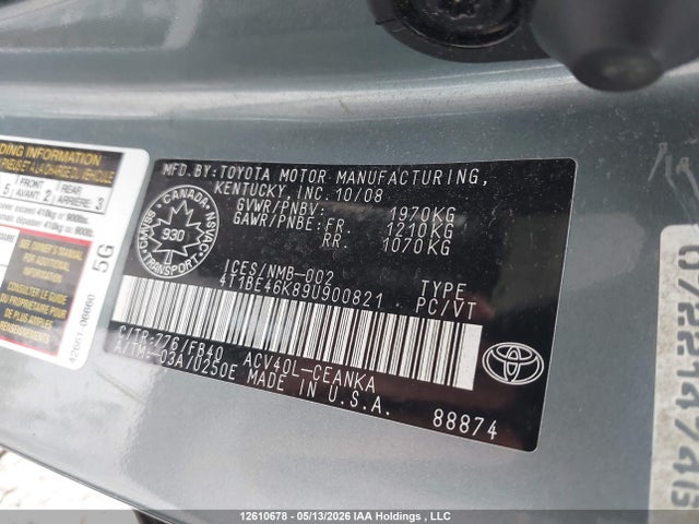 12610678 :رقم المزاد ، 4T1BE46K89U900821 vin ، 2009 Toyota Camry Le مزاد بيع