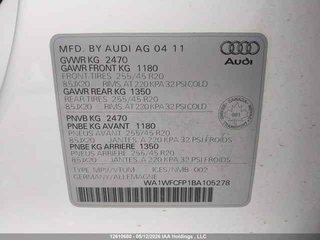 Продажа на аукционе авто 2011 Audi Q5, vin: WA1WFCFP1BA105278, номер лота: 12610680