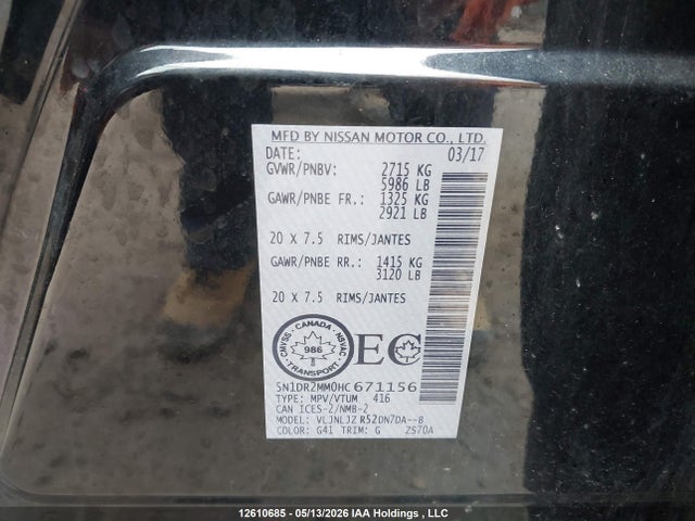 5N1DR2MM0HC671156 Nissan Pathfinder S/sv/sl/platinum