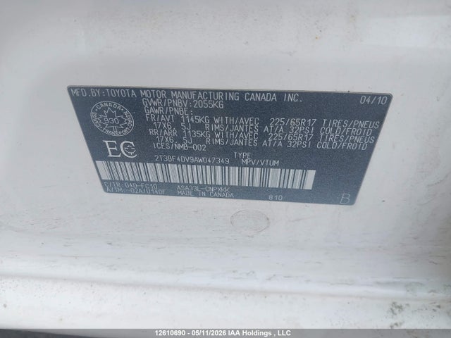 Aukcja sprzedaży 2010 Toyota Rav4, vin: 2T3BF4DV9AW047349, numer aukcji: 12610690