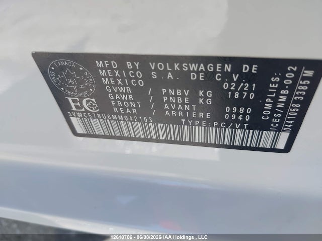 2021 Volkswagen Jetta Comfortline მანქანა იყიდება აუქციონზე, vin: 3VWC57BU6MM042163, აუქციონის ნომერი: 12610706