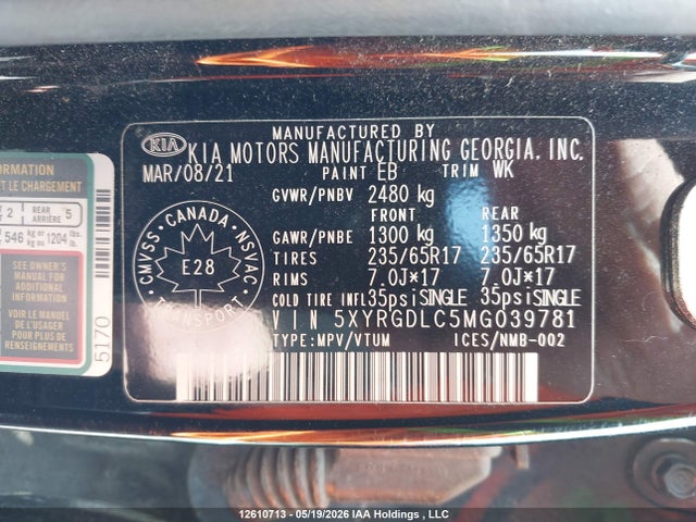 12610713 :رقم المزاد ، 5XYRGDLC5MG039781 vin ، 2021 Kia Sorento Lx مزاد بيع