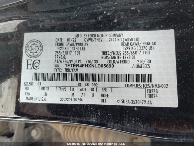 12610715 :رقم المزاد ، 1FTER4FHXNLD05690 vin ، 2022 Ford Ranger Xl/xlt/lariat مزاد بيع