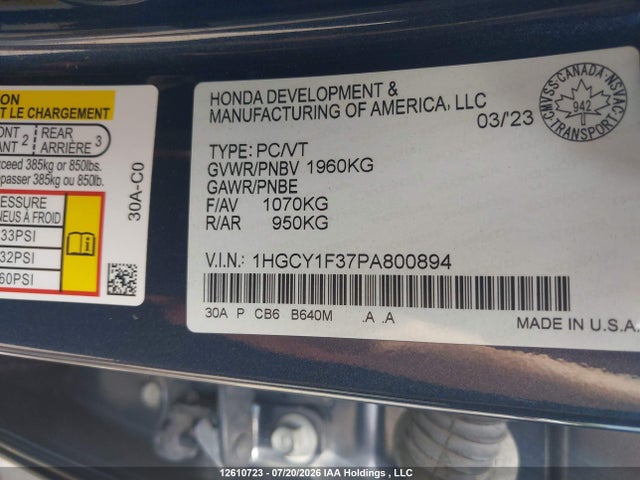 Продажа на аукционе авто 2023 Honda Accord Ex, vin: 1HGCY1F37PA800894, номер лота: 12610723