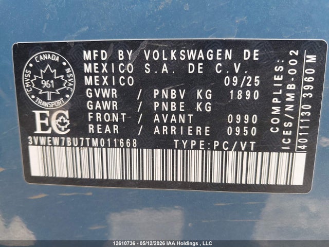 12610736 :رقم المزاد ، 3VWEW7BU7TM011668 vin ، 2026 Volkswagen Jetta Comfortline مزاد بيع