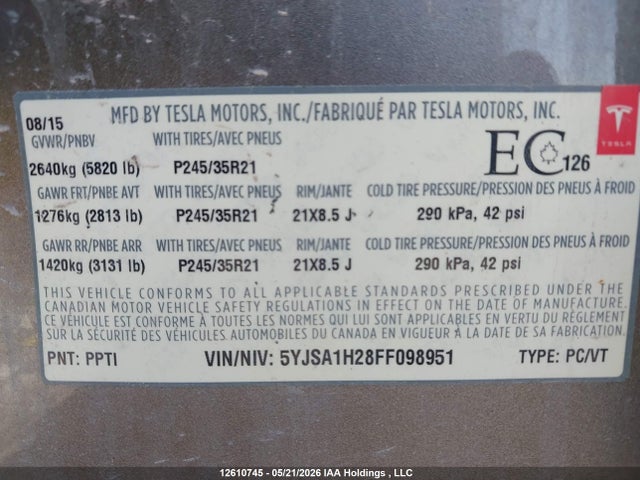 2015 Tesla Model S 70d/85d/p85d მანქანა იყიდება აუქციონზე, vin: 5YJSA1H28FF098951, აუქციონის ნომერი: 12610745