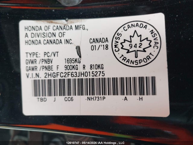 Продаж на аукціоні авто 2018 Honda Civic, vin: 2HGFC2F63JH015275, номер лоту: 12610747