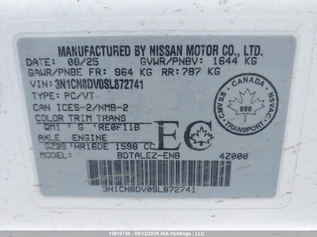 Продажа на аукционе авто 2025 Nissan Versa, vin: 3N1CN8DV0SL872741, номер лота: 12610748