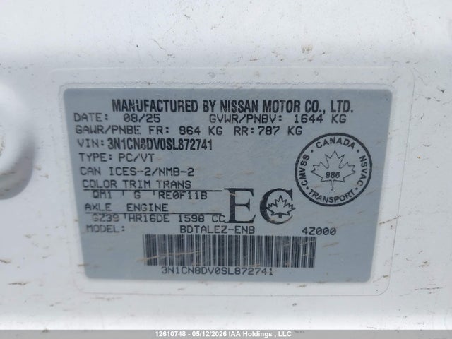 Продажа на аукционе авто 2025 Nissan Versa, vin: 3N1CN8DV0SL872741, номер лота: 12610748