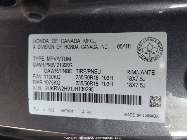 12610751 :رقم المزاد ، 2HKRW2H91JH130295 vin ، 2018 Honda Cr-v Touring مزاد بيع