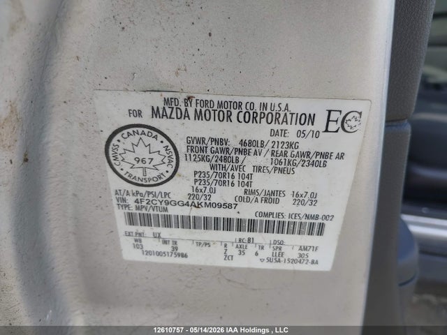 Aukcja sprzedaży 2010 Mazda Tribute S, vin: 4F2CY9GG4AKM09587, numer aukcji: 12610757