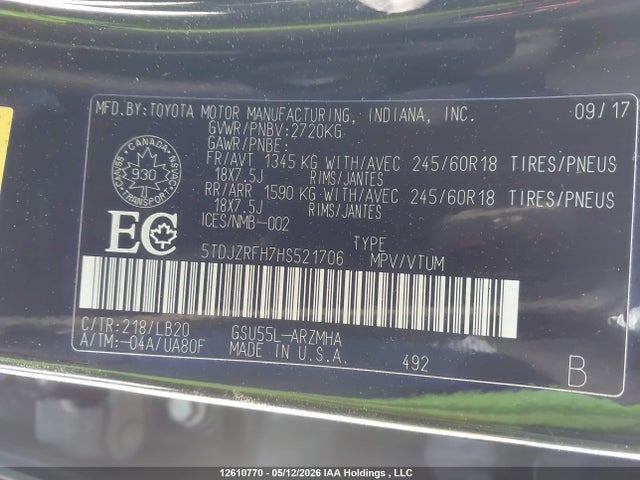 5TDJZRFH7HS521706 Toyota Highlander Xle