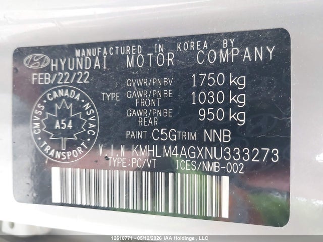KMHLM4AGXNU333273 Hyundai Elantra Preferred Ivt With Sun And Tech Package
