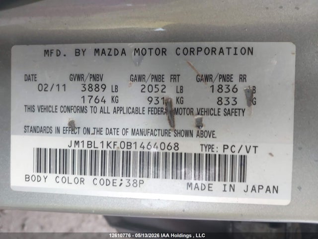 2011 Mazda Mazda3 მანქანა იყიდება აუქციონზე, vin: JM1BL1KF0B1464068, აუქციონის ნომერი: 12610776