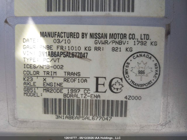 Aukcja sprzedaży 2010 Nissan Sentra 2.0/2.0s/sr/2.0sl, vin: 3N1AB6AP5AL677047, numer aukcji: 12610777
