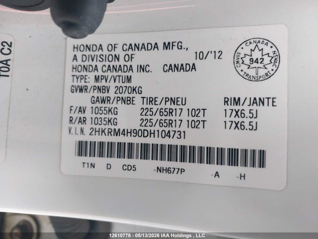 12610778 :رقم المزاد ، 2HKRM4H90DH104731 vin ، 2013 Honda Cr-v Touring مزاد بيع