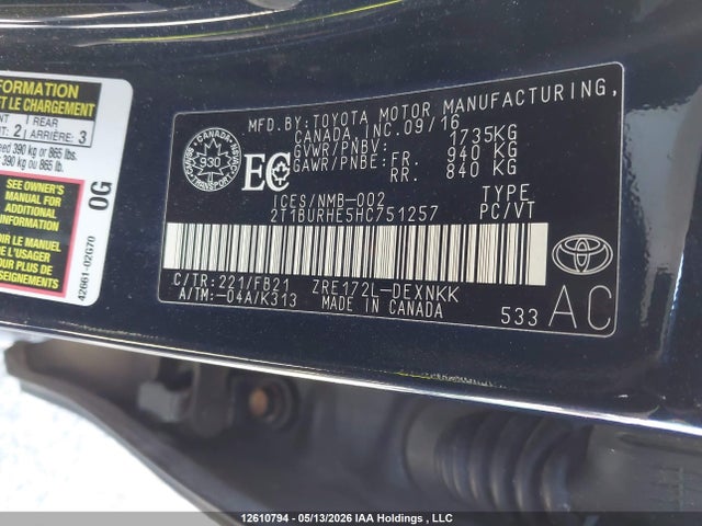 2T1BURHE5HC751257 Toyota COROLLA LE