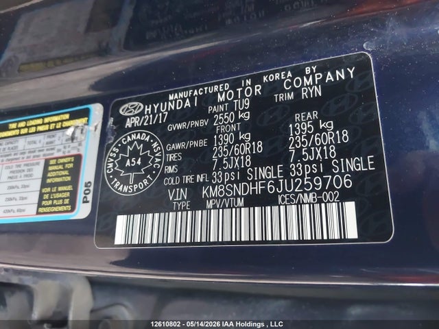 KM8SNDHF6JU259706 Hyundai Santa Fe Xl Luxury