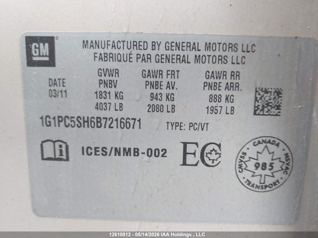 Продаж на аукціоні авто 2011 Chevrolet Cruze Ls, vin: 1G1PC5SH6B7216671, номер лоту: 12610812