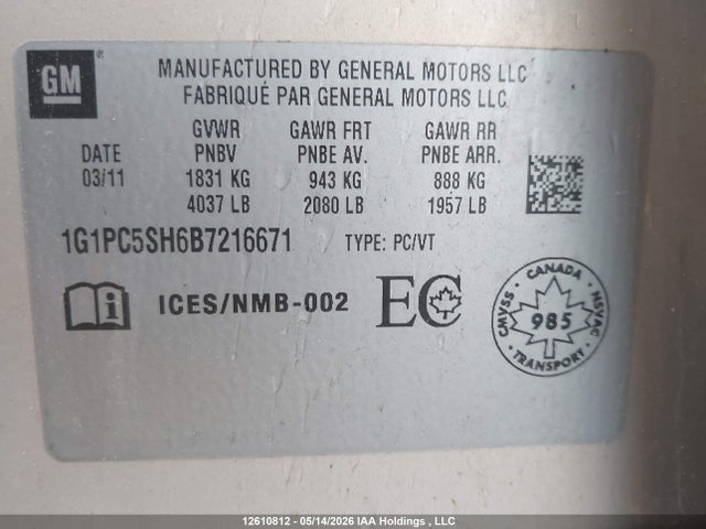 Продаж на аукціоні авто 2011 Chevrolet Cruze Ls, vin: 1G1PC5SH6B7216671, номер лоту: 12610812