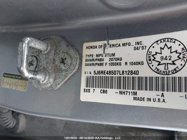 Продажа на аукционе авто 2007 Honda Cr-v, vin: 5J6RE48507L812840, номер лота: 12610820