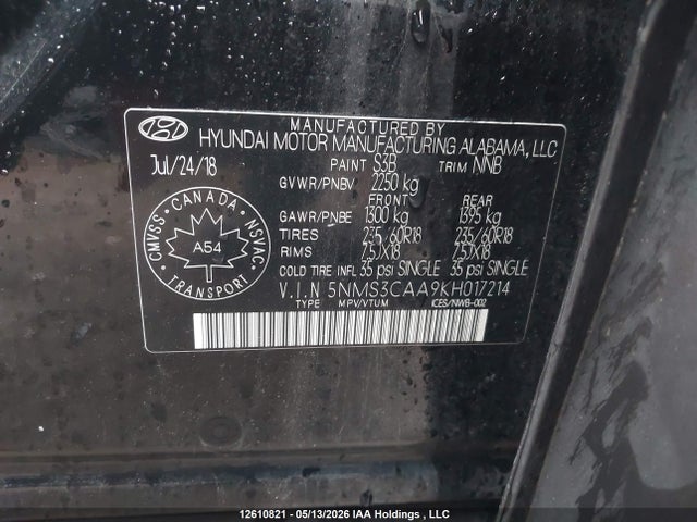 12610821 :رقم المزاد ، 5NMS3CAA9KH017214 vin ، 2019 Hyundai Santa Fe Sel/sel Plus مزاد بيع