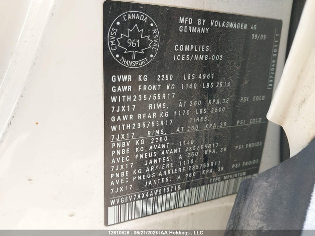 12610826 :رقم المزاد ، WVGBV7AX4AW510716 vin ، 2010 Volkswagen Tiguan مزاد بيع