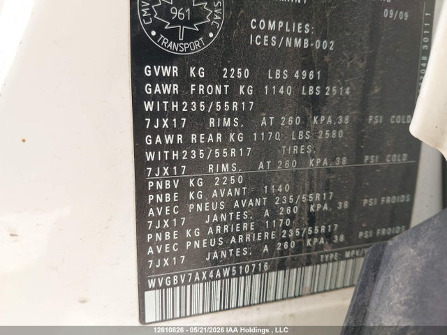 12610826 :رقم المزاد ، WVGBV7AX4AW510716 vin ، 2010 Volkswagen Tiguan مزاد بيع