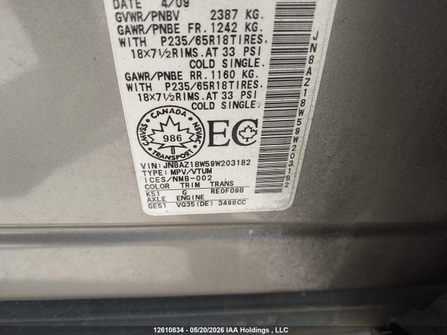 Aukcja sprzedaży 2009 Nissan Murano S/sl/le, vin: JN8AZ18W59W203182, numer aukcji: 12610834