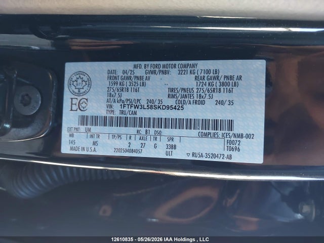 2025 Ford F150 Xlt მანქანა იყიდება აუქციონზე, vin: 1FTFW3L58SKD95425, აუქციონის ნომერი: 12610835