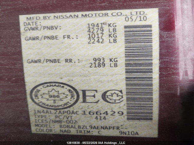 2010 Nissan Altima 2.5 S მანქანა იყიდება აუქციონზე, vin: 1N4AL2AP0AC166429, აუქციონის ნომერი: 12610838