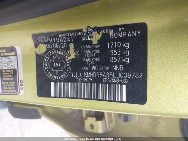 12610840 :رقم المزاد ، KMHRB8A35LU039782 vin ، 2020 Hyundai Venue Se مزاد بيع