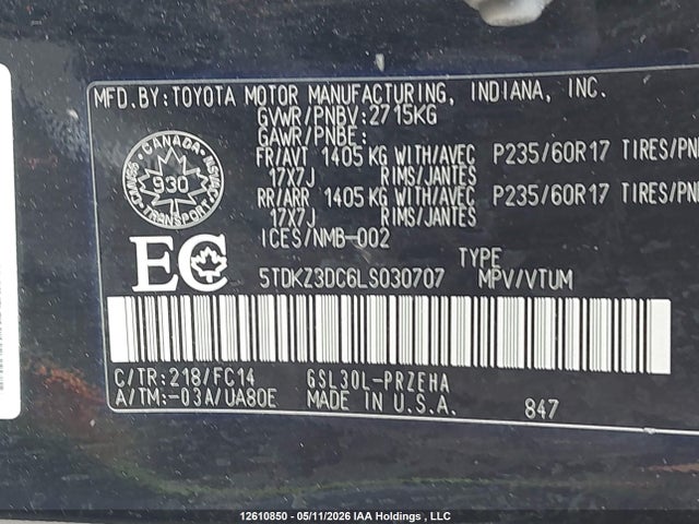 12610850 :رقم المزاد ، 5TDKZ3DC6LS030707 vin ، 2020 Toyota Sienna Le مزاد بيع