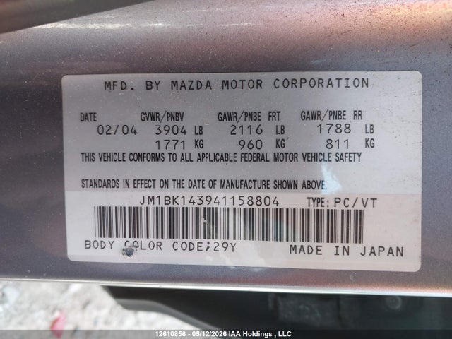 Продажа на аукционе авто 2004 Mazda Mazda3 Gs/gt, vin: JM1BK143941158804, номер лота: 12610856