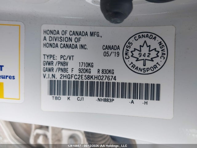 Продажа на аукционе авто 2019 Honda Civic, vin: 2HGFC2E58KH027674, номер лота: 12610857