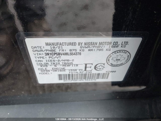 12610864 :رقم المزاد ، 3N1CP5BV4ML554376 vin ، 2021 Nissan Kicks S مزاد بيع