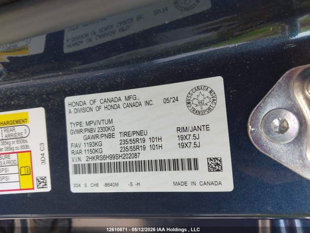 2025 Honda Cr-v Sport Touring მანქანა იყიდება აუქციონზე, vin: 2HKRS6H99SH202087, აუქციონის ნომერი: 12610871