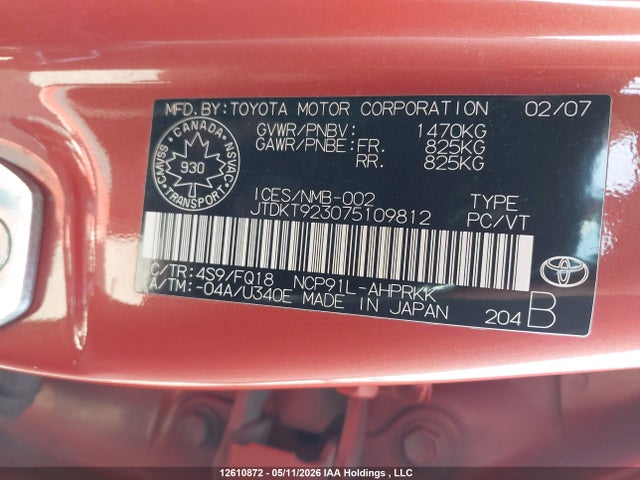 12610872 :رقم المزاد ، JTDKT923075109812 vin ، 2007 Toyota Yaris Le/rs مزاد بيع