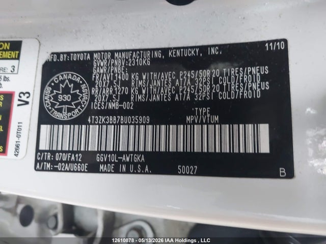 Aukcja sprzedaży 2011 Toyota Venza, vin: 4T3ZK3BB7BU035909, numer aukcji: 12610878