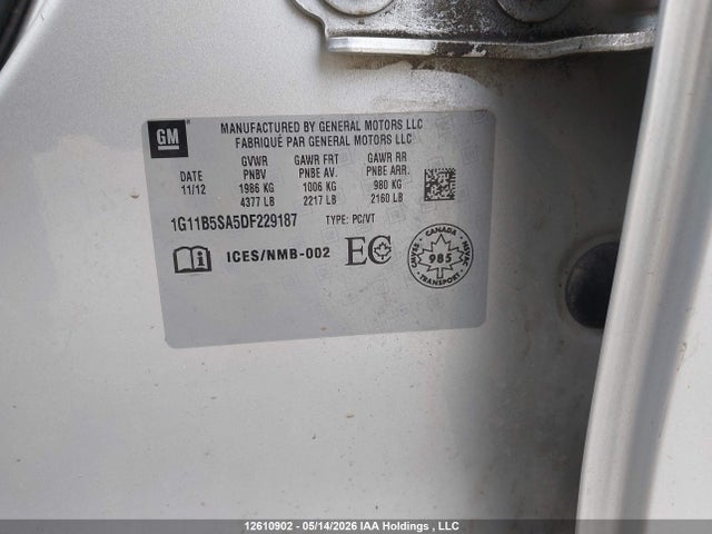 12610902 :رقم المزاد ، 1G11B5SA5DF229187 vin ، 2013 Chevrolet Malibu Ls مزاد بيع