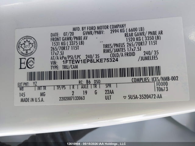 Продажа на аукционе авто 2020 Ford F-150 Xlt, vin: 1FTEW1EP8LKE75324, номер лота: 12610904