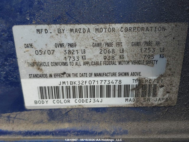 2007 Mazda Mazda3 Gs/gx მანქანა იყიდება აუქციონზე, vin: JM1BK32F071773478, აუქციონის ნომერი: 12610907