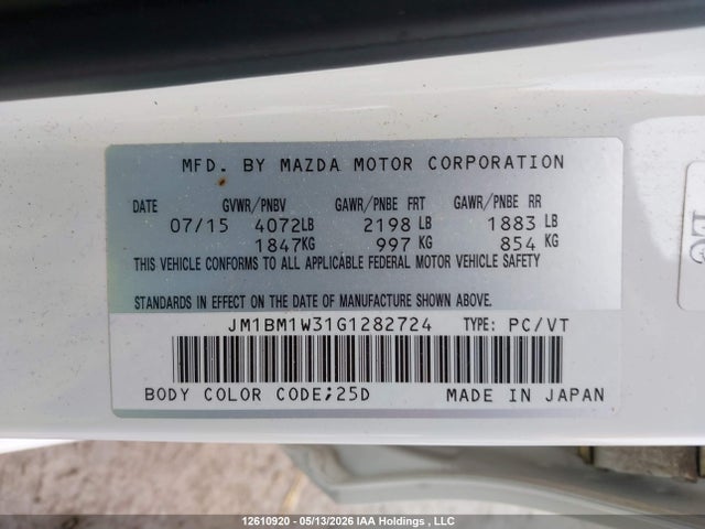 12610920 :رقم المزاد ، JM1BM1W31G1282724 vin ، 2016 Mazda 3 Touring مزاد بيع