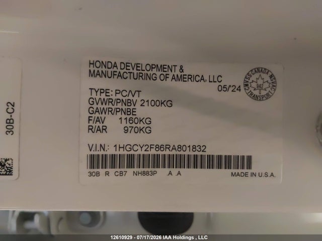 Auction sale of the 2024 Honda Accord Hybrid Touring, vin: 1HGCY2F86RA801832, lot number: 12610929